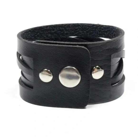 Men Black Leather Wide Bracelet - Picture 5 of 6